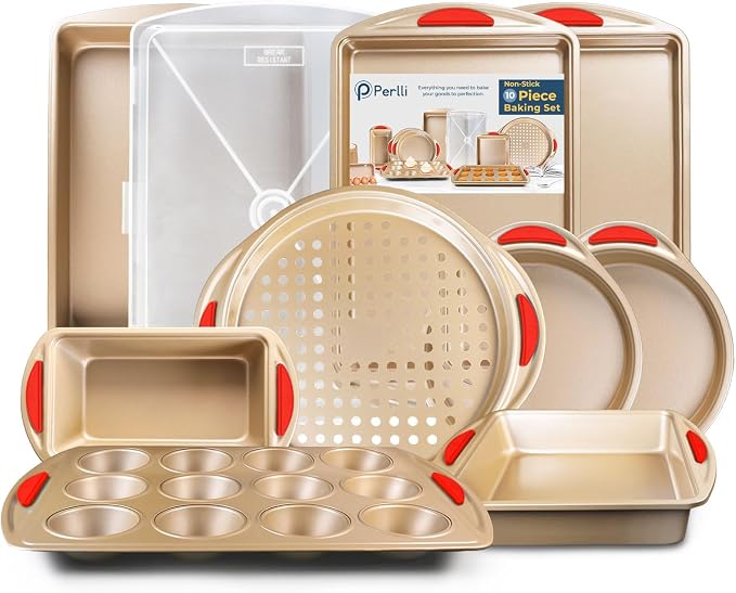 Perlli 10 Piece Baking Set - Nonstick Gold Steel Oven Bakeware With Silicone Handles, Cookie Sheets, Round Cake Pans, 9x13 Pan With Lid, Loaf Pan, Deep Pan, Pizza Crisper, Muffin Pan by PERLLI