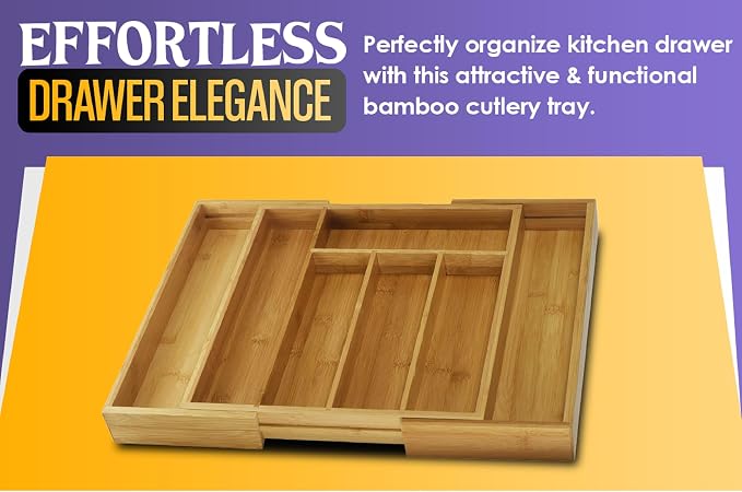 YBM HOME Pack of 6 Bamboo Cutlery Tray Flatware Silverware Drawer Organizer with 6 Compartments - 341 - Image 3