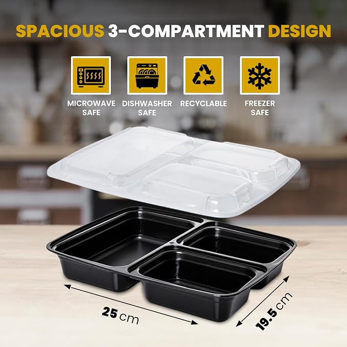 Superior 10 Pack Meal Prep Containers - 32oz Reusable 3 Compartment Food Containers–Microwave and Dishwasher Safe Prep Plastic Food Containers with Lid Divided Bento Box Lunch Tray - Image 3