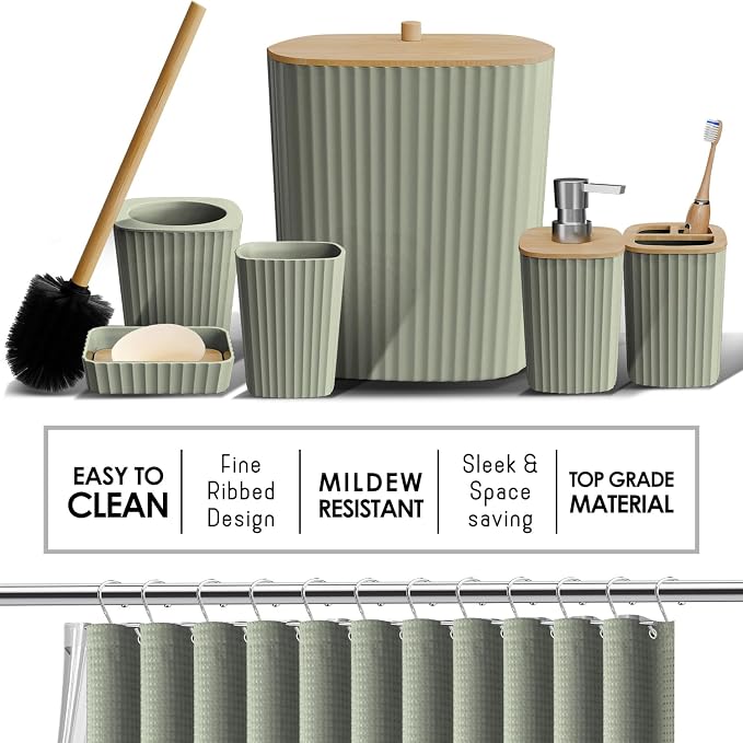 Clara Clark Bathroom Accessories Set - 27PC Bathroom Set with Adhesive Corner Shower Caddy Hanging, Bathroom Sets with Shower Curtain and Rugs, Sage Green Shower Curtain Set with Bathroom Trash Can - Image 4