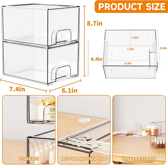 Yieach 2 Pack Clear Stackable Storage Drawers,4.4'' Tall Acrylic Drawer Containers for Organizing,Bathroom Organizers and Storage Bin Box,Plastic Makeup,Medicine Organizer Bins for Cabinet,Undersink - Image 3