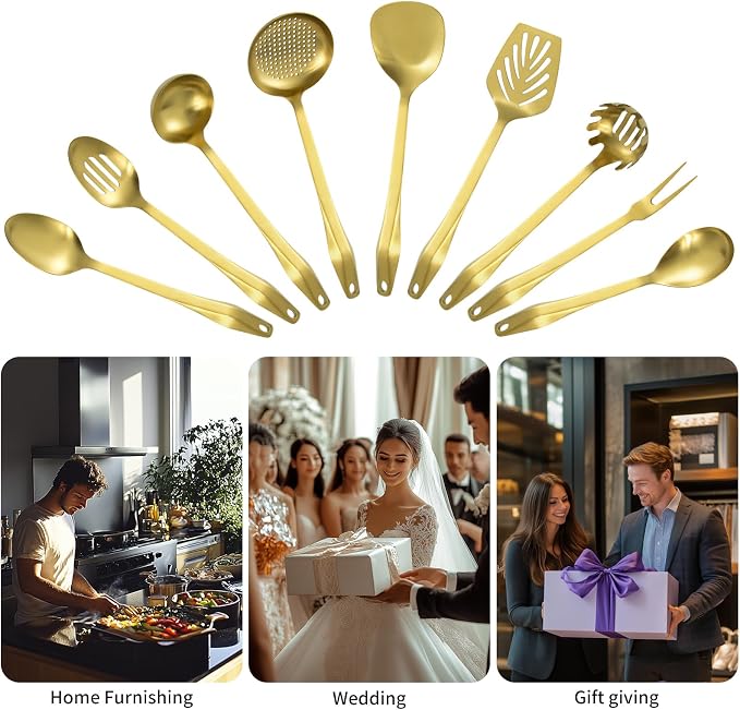 304 Stainless Steel Kitchen Utensil Set - 9pcs Cooking Utensils, Metal Kitchen Utensil Spatula Sets Cookware,High temperature resistance Kitchen Tool Set for Hanging Dishwasher Safe（Gold） - Image 8