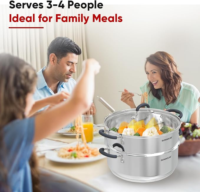 Sunhouse: 2-Tier Stainless Steel Steamer Pots - 5.5 Quart - Tempered Glass Lid, 3-Ply Bottom, Vegetable-Dumpling-Food Cookware, Dishwasher & Oven Safe - Image 7