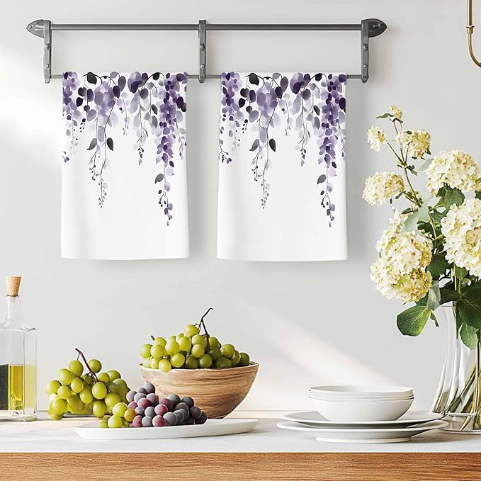Purple Eucalyptus Kitchen Towels Set of 3, Absorbent Dish Towels for Kitchen, Spring Summer Botanical Plants Chic Microfiber Hand Towel, Quick Drying Tea Towel for Cleaning Decorative Dishcloths - Image 3