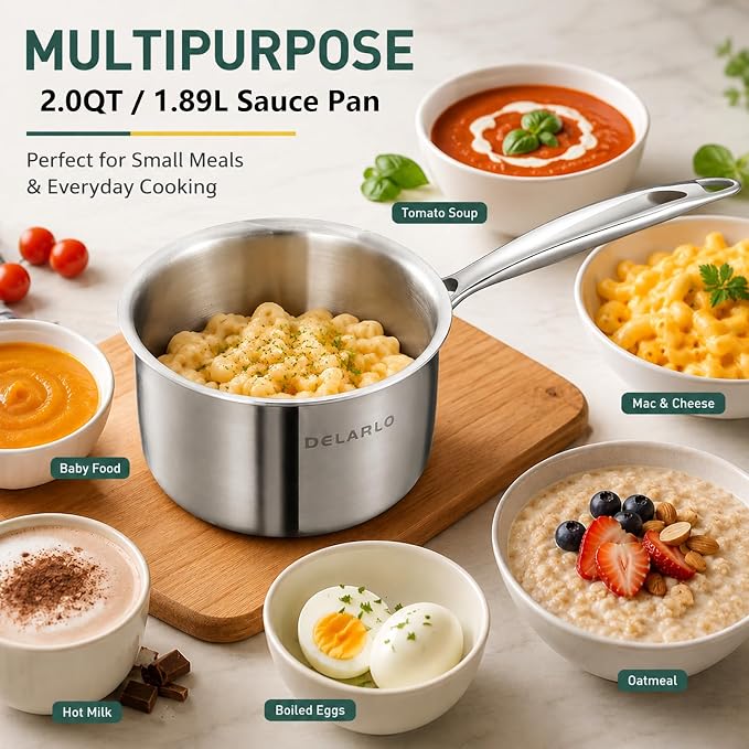 DELARLO Full-body Clad Tri-ply Stainless Steel 2 Quart Saucepan with Lid - Image 4