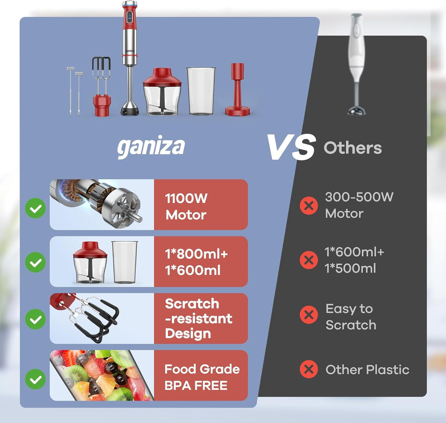Ganiza Immersion Blender Handheld, 6 in 1 Hand Blender Stainless Steel Blade, 15 Speed Stick Blenders, 800ml Mixing Beaker, 600ml Chopper, Whisk, Frother, Potato Masher, Red