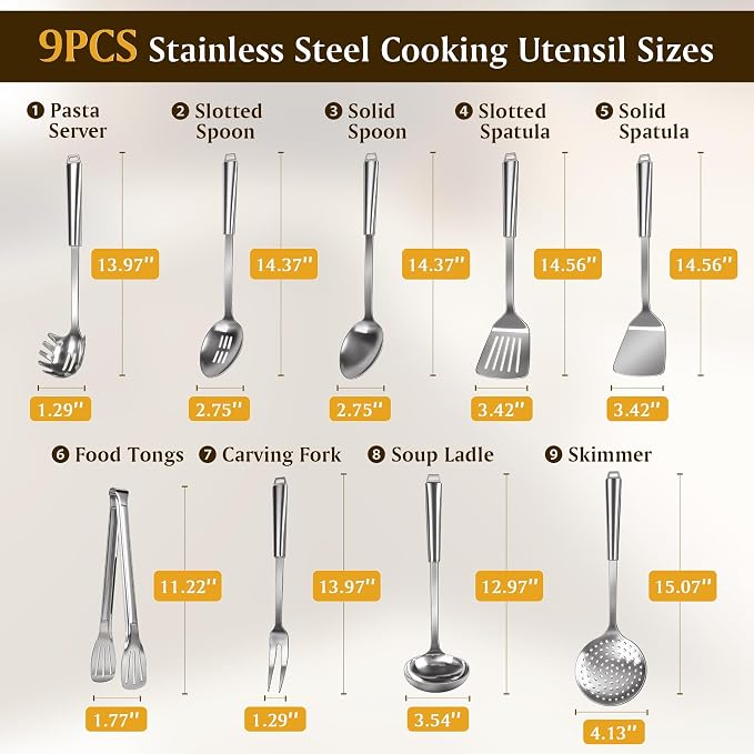 9 Pcs Cooking Utensils Set, 304 Stainless Steel Kitchen Utensils, Heat Resistant Metal Kitchen Tools Include Solid & Slotted Spatula, Serving Spoon, Ladle, Pasta Spoon, Fork, Tongs, Dishwasher Safe - Image 6
