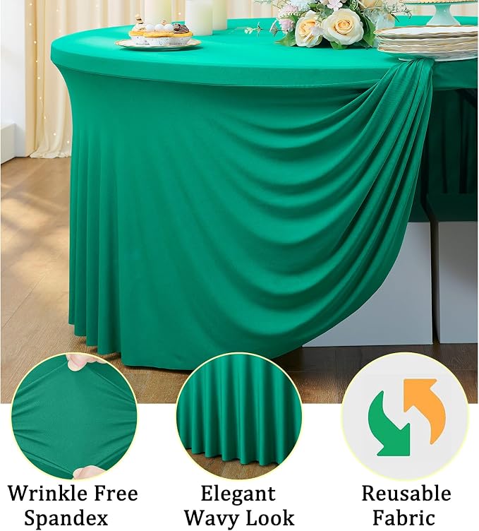 6 Pack Emerald Green Spandex Round Tablecloths for 72 Inch Table, Stretchy 132 Inch Fitted 6FT Cloths, Wrinkle Free Cover With Skirt for Wedding Party Dining Banquet - Image 3