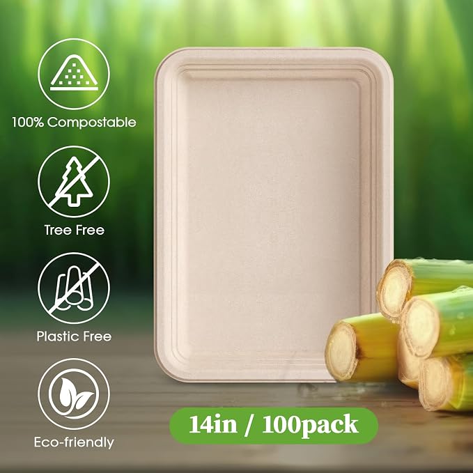 ECOLipak 100 Pack 14 in Compostable Natural Disposable Food Crawfish Trays | Large Paper Thanksgiving Plates for Turkey, BBQ, Seafood Boil Party Supplies, Heavy Duty, Biodegradable, Sugarcane Bagasse - Image 5