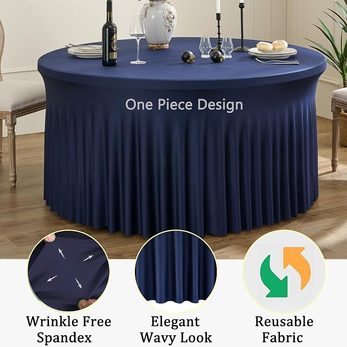6 Pack Navy Blue Round Spandex Tablecloths for 60 inch Table, Wrinkle Free Stretchy 120inch Fitted 5FT Round Table Cloths Cover with Skirt for Wedding Birthday Party Dining Banquet Events - Image 4