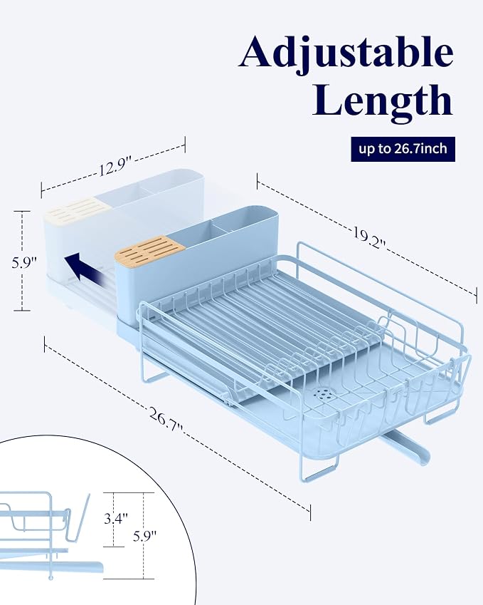 Kitsure Extendable Dish Drying Rack, 19.2"-26.7" L x 12.9" W, Blue - Image 2