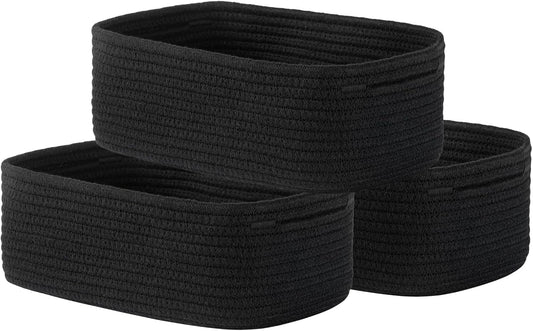 Small Woven Basket, 12 x 8 x 4.5 Inches, Storage Basket for Organizing, Cute Small Rope Shelf Closet Cube Storage Bins Baskets for Shelves, Dog Toy Gift Baskets Empty, 3 Packs, Black