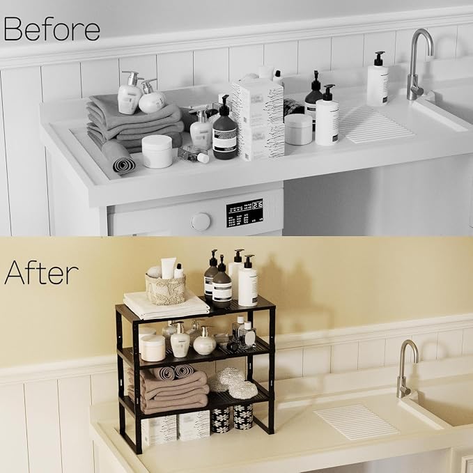 Heavy-Duty Adjustable Metal Shelf Organizer - Expandable & Stackable Pantry Storage Rack for Kitchen, Bathroom, RV, Cabinets(2 Packs/Black, Large) - Image 6
