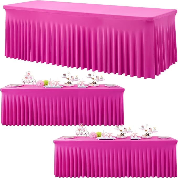 3 Pack Hot Pink Spandex Tablecloth for 6 Foot Rectangle Tables, Wrinkle Free Fitted Table Cloth Cover 6ft Fuchsia Stretchy Tablecloths with Skirt for Parties Weddings Birthday Banquet Baby Shower by Htper