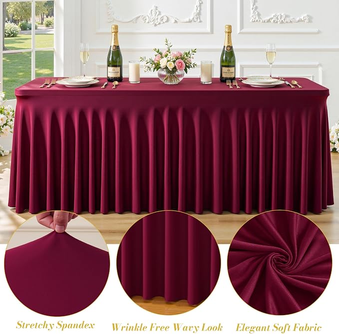2 Pack Burgundy Table Cloth for 8 Foot Rectangle Tables Spandex Fitted Tablecloth 8ft Stretch Table Covers Skirt Burgundy Banquet Tablecloths Wrinkle Free Tablecloth for Party Wedding Birthday Event - Image 5