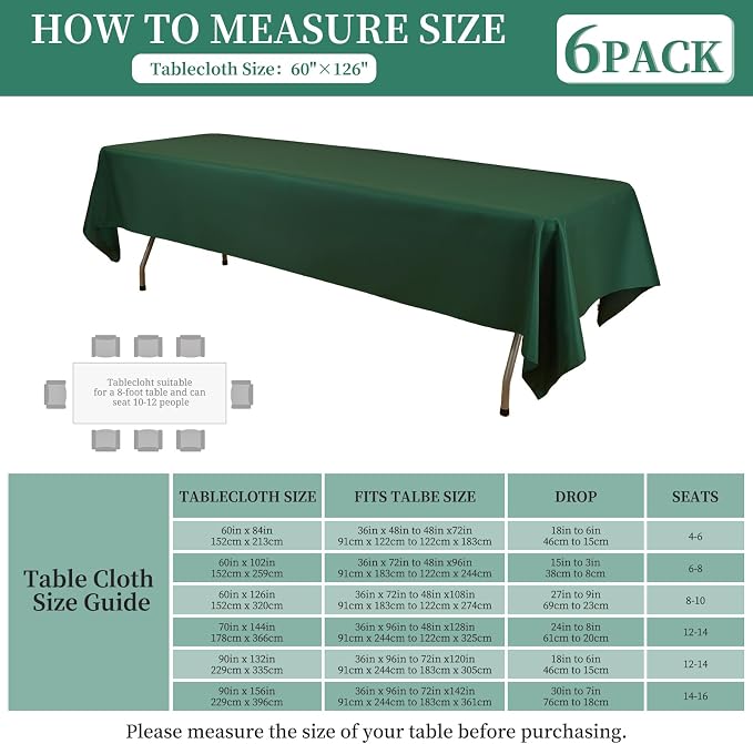 6 Pack Hunter Green Tablecloth for Rectangle Table 60x126 Inch - Image 3