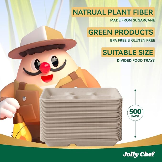 Compostable 5 Compartment 10*8.25*1 Inch 500 Pack Heavy Duty Paper Plates | Small Divided Disposable Plates Natural Eco-Friendly Biodegradable Food Tray for School Lunch Dinner - Image 6