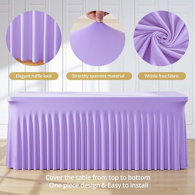 6ft Lavender Spandex Table Cloths for Rectangle Tables Wrinkle Free Light Purple Tablecloth Rectangle Stretch Fitted Lilac Table Cover with Skirt for Birthday Party Wedding Banquet Baby Shower Buffet - Image 7