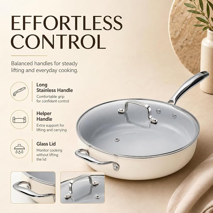 Kikcoin 12 INCH Ceramic Nonstick Deep Frying Pan with Lid, 5 QT Saute Pan - Image 6