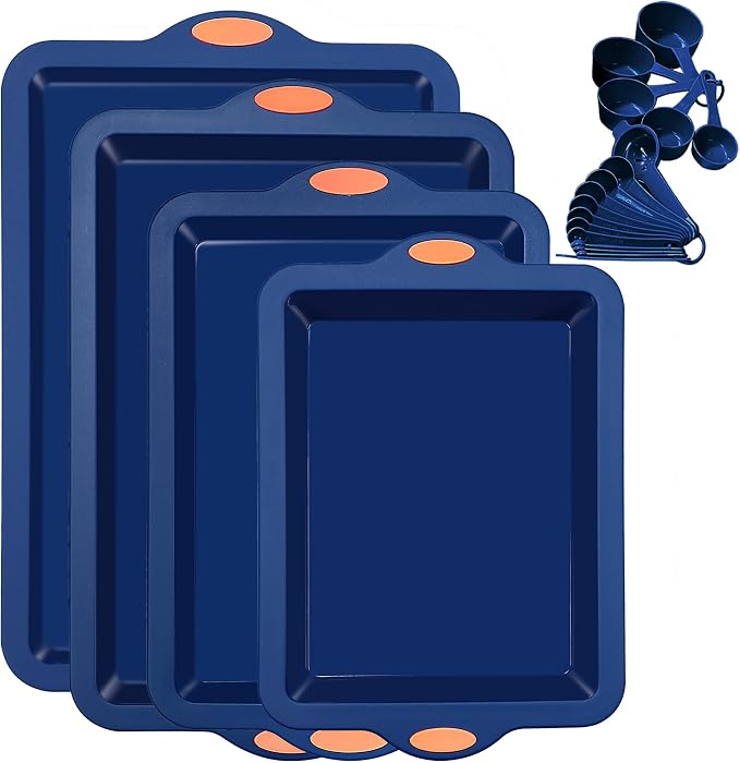 To encounter Silicone Baking Pans Set, 4 Pieces Nonstick Bakeware Set with Baking Pans, Baking Sheets, Cookie Sheets, Cake Pan with Grips and Metal Reinforced Frame More Strength, Navy Blue by Toencounter
