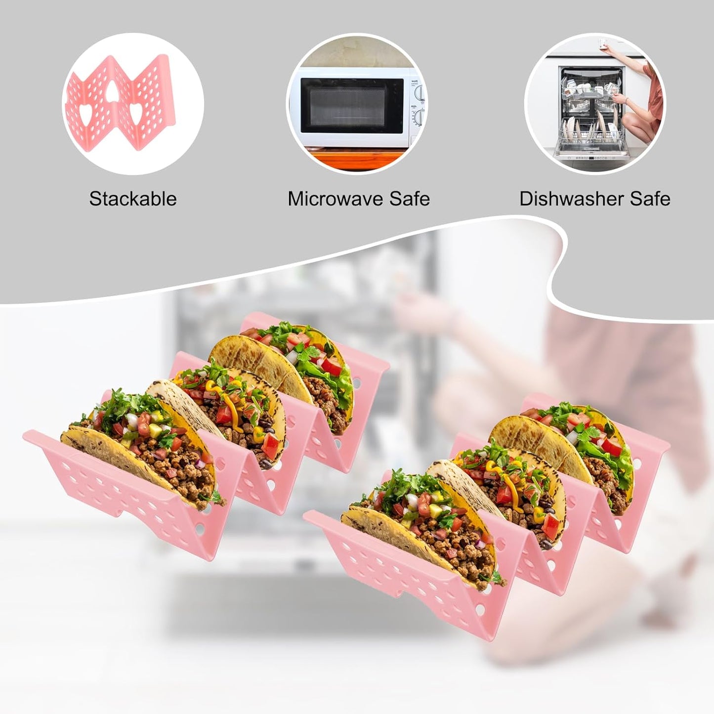uxcell 8 Pcs Taco Holder Stand, Plastic Taco Plates Hold Up to 3 Tacos, Hollow Carved Taco Shell Holder, Dishwasher Microwave Safe, Pink