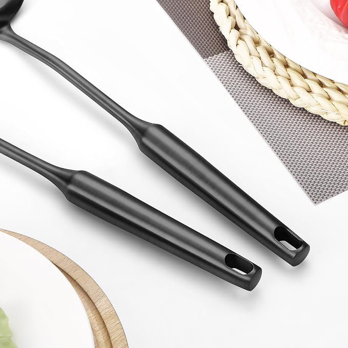 304 Stainless Steel Cooking Utensil,Kitchen Kitchen Utensil with Spatula, Solid Spoon, Ladle, Skimmer, Spaghetti Spoon, 6 Piece Set, Dishwasher Safe(Black) - Image 5