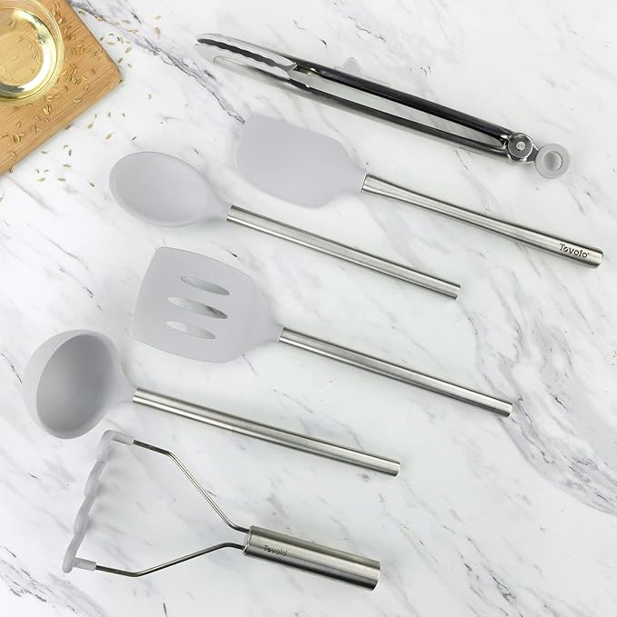 Tovolo Silicone Cooking Utensil Set of 6 Stainless Steel Handle Ladle Slotted Turner Tongs Flex Core Spatula Scraper Mixing Spoon & Potato Masher, Dishwasher Safe BPA Free Utensils, Oyster Gray - Image 3