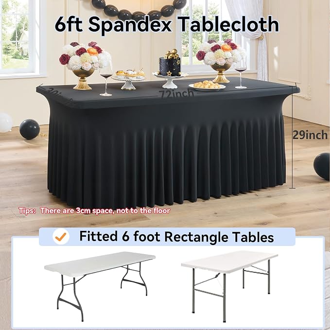 4 pk Black Spandex Tablecloth 6ft with Ruffled Skirt,Wrinkle Free High Stretch Fitted Tablecloths for 6 Foot Rectangle Tables,Pleated Elastic Spandex Table Covers 6ft for Parties Wedding Banquet - Image 5