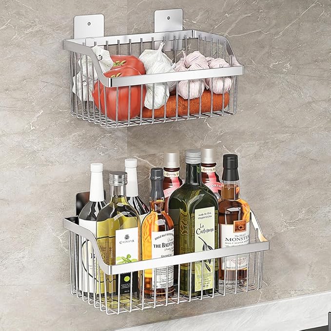 SUS304 Stainless Steel Wire Basket, Hanging Wall Organizer Cabinet Storage Basket, Wall Mounted Shelves for Home Kitchen Bathroom, 2-Pack - Image 6