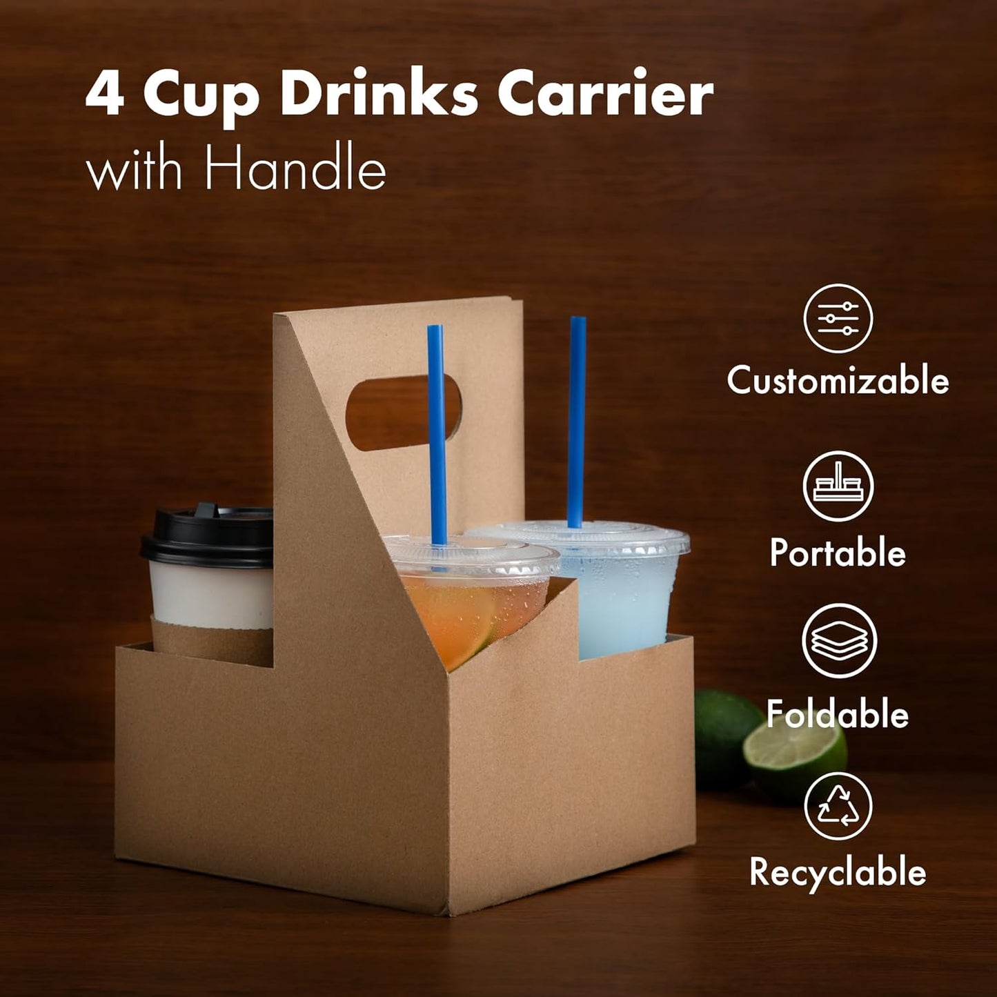 FMP Brands 4 Cup Disposable Drink Carrier with Handle, 25 Pack Kraft Paperboard Handled Drink Carriers 12-30 oz to Go Coffee Cup Holder, Cup Carrier for Cold Hot Drinks, Takeout, Cafe and Restaurant