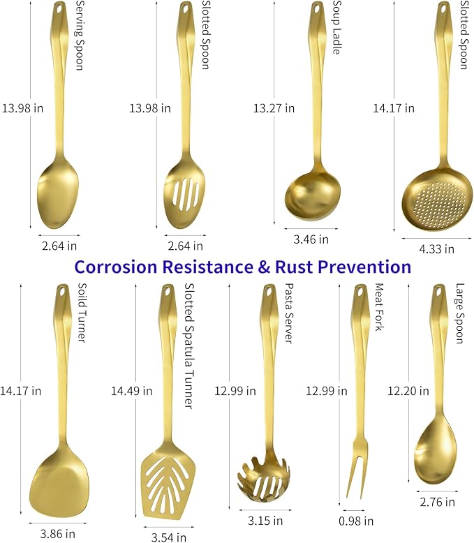 304 Stainless Steel Kitchen Utensil Set - 9pcs Cooking Utensils, Metal Kitchen Utensil Spatula Sets Cookware,High temperature resistance Kitchen Tool Set for Hanging Dishwasher Safe（Gold） - Image 4