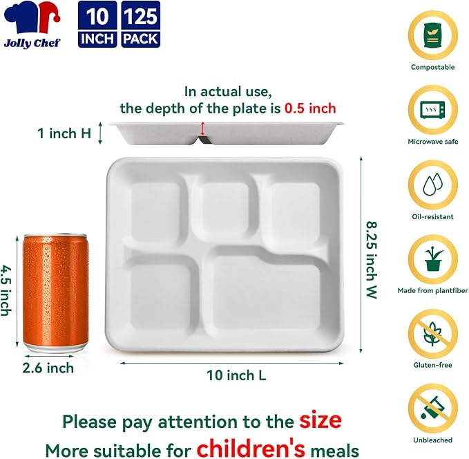 Compostable 5 Compartment 10*8.25*1 Inch 125 Pack Heavy Duty Paper Plates | Small Divided Disposable Plates White Eco-Friendly Biodegradable Food Tray for School Lunch Dinner Christmas - Image 2