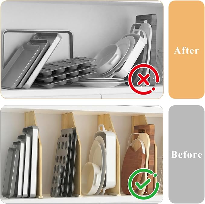 6 Pack Solid Wood Tray Dividers for Cabinet, Cookie Sheet Organizer for Cabinets, Baking Sheet Organizer, No-Cut Kitchen Cabinet Dividers, Cookie Trays for Kitchen, Pantry Storage (12, Pounds) - Image 5