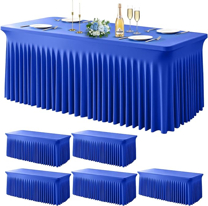 Wish Care 6 Pack Royal Blue Spandex Table Clothes for 8 Foot Rectangle Tables, 8FT Wrinkle Free Fitted Tablecloths Ruffles Design Table Cloth for Party, Banquet, Wedding and Events by WishCare