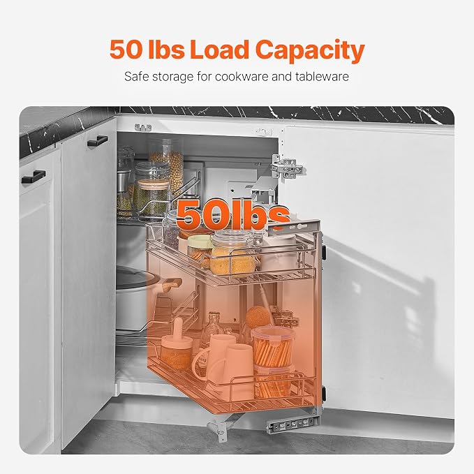 VEVOR 18" W Opening Blind Corner Pull Out Organizer, 2 Tier 4 Shelf Kitchen Cabinet Organizer, Magic Chrome Carbon Steel Storage Basket, Slide Out Storage Organizer, Left & Right Open Compatible - Image 7