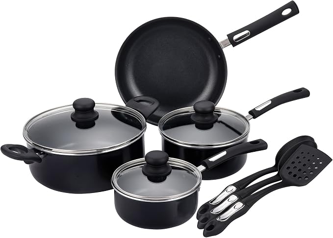 Hamilton Beach Aluminum Covered Cookware Set, Nonstick Saucepan Frypan, Dutch Oven with Soft Touch Bakelite Handle, | Spiral Bottom- Multipurpose Use | Durable & Dishwasher Safe |10pc, Black | by HamiltonBeach