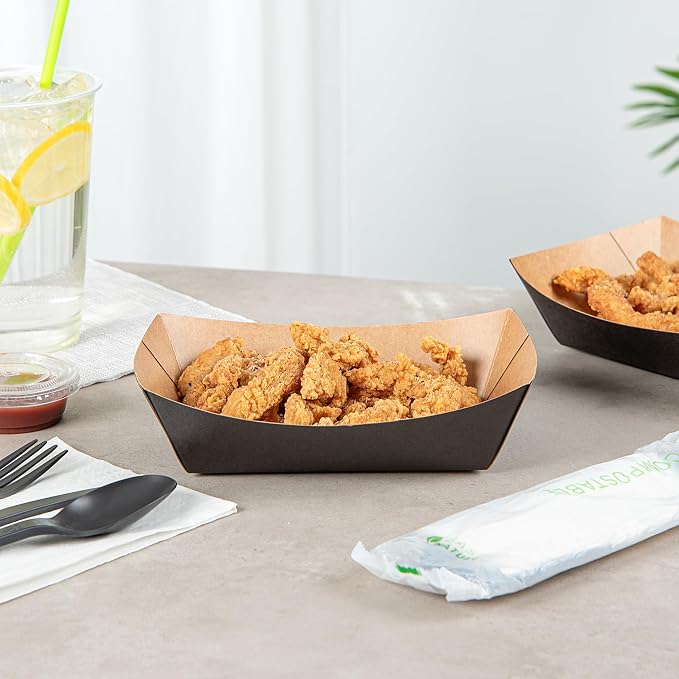 Restaurantware Black Paper lb Food Tray Boat, 7.1 x 5.7 in, 50 Pack - Image 4