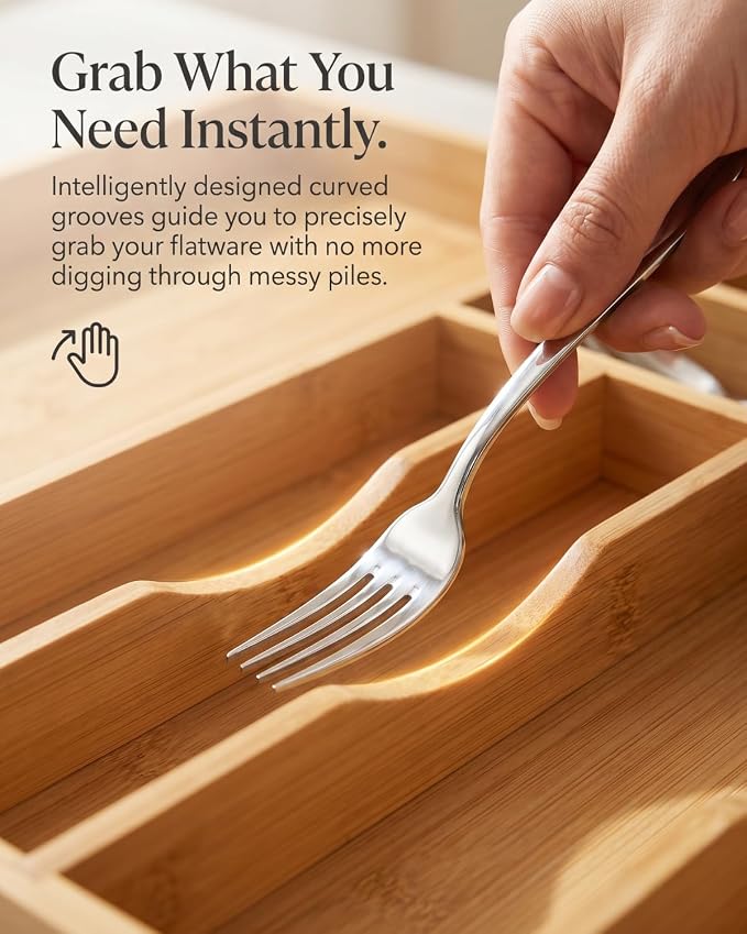 Expandable Bamboo Silverware Drawer Organizer – Adjustable 33" Wide Wooden Utensil Tray with 11-Compartments, Large Kitchen Flatware & Spoon Holder, Natural Solid Wood for Drawers - Image 4