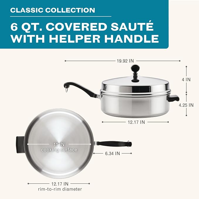 Farberware Classic Series Anniversary Edition Stainless Steel Sauté Pan and Lid with Helper Handle, Induction Suitable, 6 Quart Jumbo Cooker, Metal Utensil Safe - Stainless Steel - Image 3