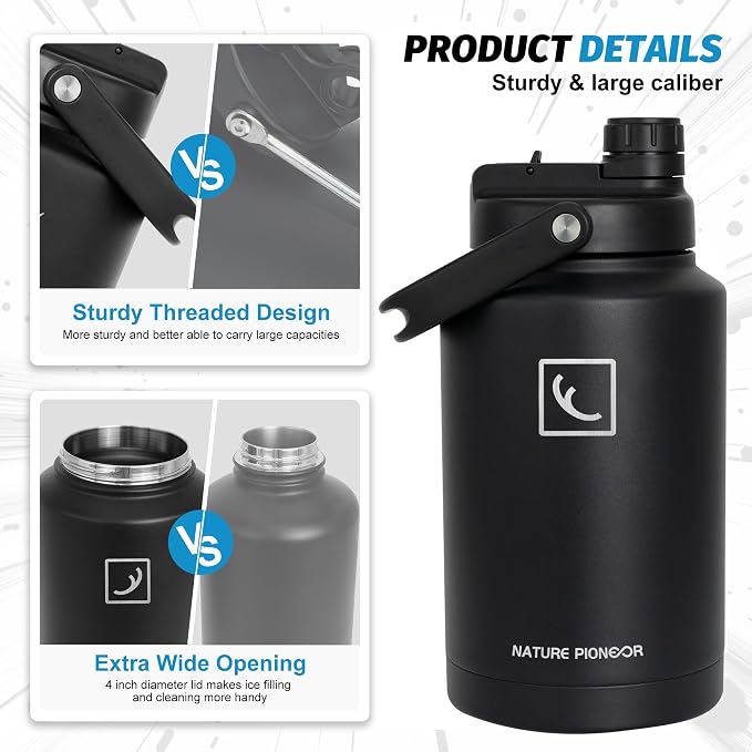 NATURE PIONEOR 1 Gallon (128oz) Insulated Water Bottle Jug with Carrier Bag | 18/8 Food-grade Stainless Steel, Double Vacuum Insulation, Wide-Mouth, Straw & Spout Lid, Strap, Camping, Hiking, Gym, Work - Image 8