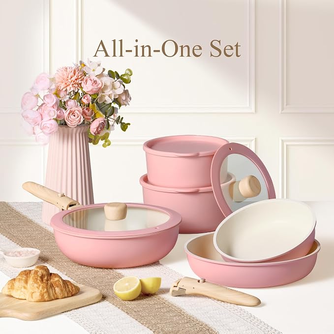 CAROTE 19pcs Pots and Pans Set Non Stick, Detachable Handle Cookware, Pink - Image 7