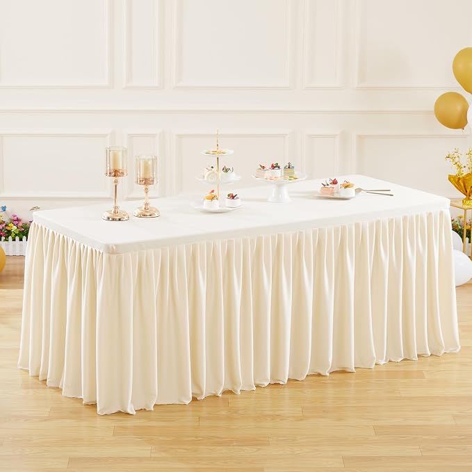 3 Pack Light Champagne Polyester Table Clothes for 6 Foot Rectangle Tables, Wrinkle Free Fitted Table Cover with Pleated Ruffle Table Skirt for Party Baby Shower Wedding Birthday Event Display - Image 3