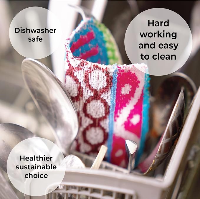 Skoy Scrub, 4-Pack Reusable, Non-Scratching Dish Scrubber for Kitchen and Household Cleaning, Planet-Friendly, Dishwasher Safe Soft Scrub, Assorted Colors and Designs - Image 4