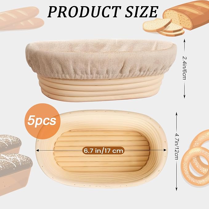 5 Pack Oval Banneton Proofing Basket Set 6 Inch, Natural Rattan Sourdough Bread Baskets with Linen Liners, Mini Dough Baking Bowls for Artisan & Home Bakers (6" Oval, Set of 5) - Image 2