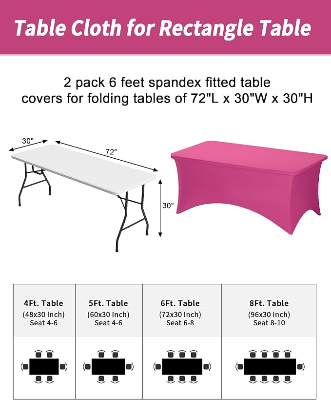 Fixwal 2 Pack 6FT Fuchsia Tablecloth Rectangle Spandex Fitted Table Cover - Image 3