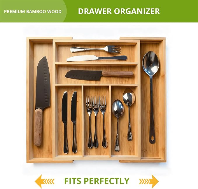 Premium Bamboo Kitchen Drawer Organizer, Perfect for Storing Cutlery, Silverware, and Gadgets, Suitable for Kitchens, Living Rooms, and Bedrooms, 5-7 Compartments, 13 to 19.6 Inches Wide - Image 4