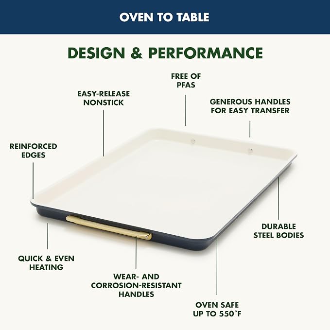 GreenPan Bakeware 13"x18" Half Baking Sheet Pan, Ceramic Nonstick Baking Pan, PFAS & BPA Free, Gold Handles, Durable Steel, Versatile & Space Saving Ovenware, Freezer to Oven Dish, Oxford Blue - Image 4