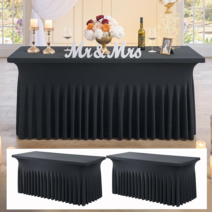 2 pk Black Spandex Tablecloth 4ft with Ruffled Table Skirt,Wrinkle Free High Stretch Fitted Tablecloths for 4 Foot Rectangle Tables, Elastic Spandex Table Covers 6ft for Parties Wedding Banquet by ENJOYYOURPARTY