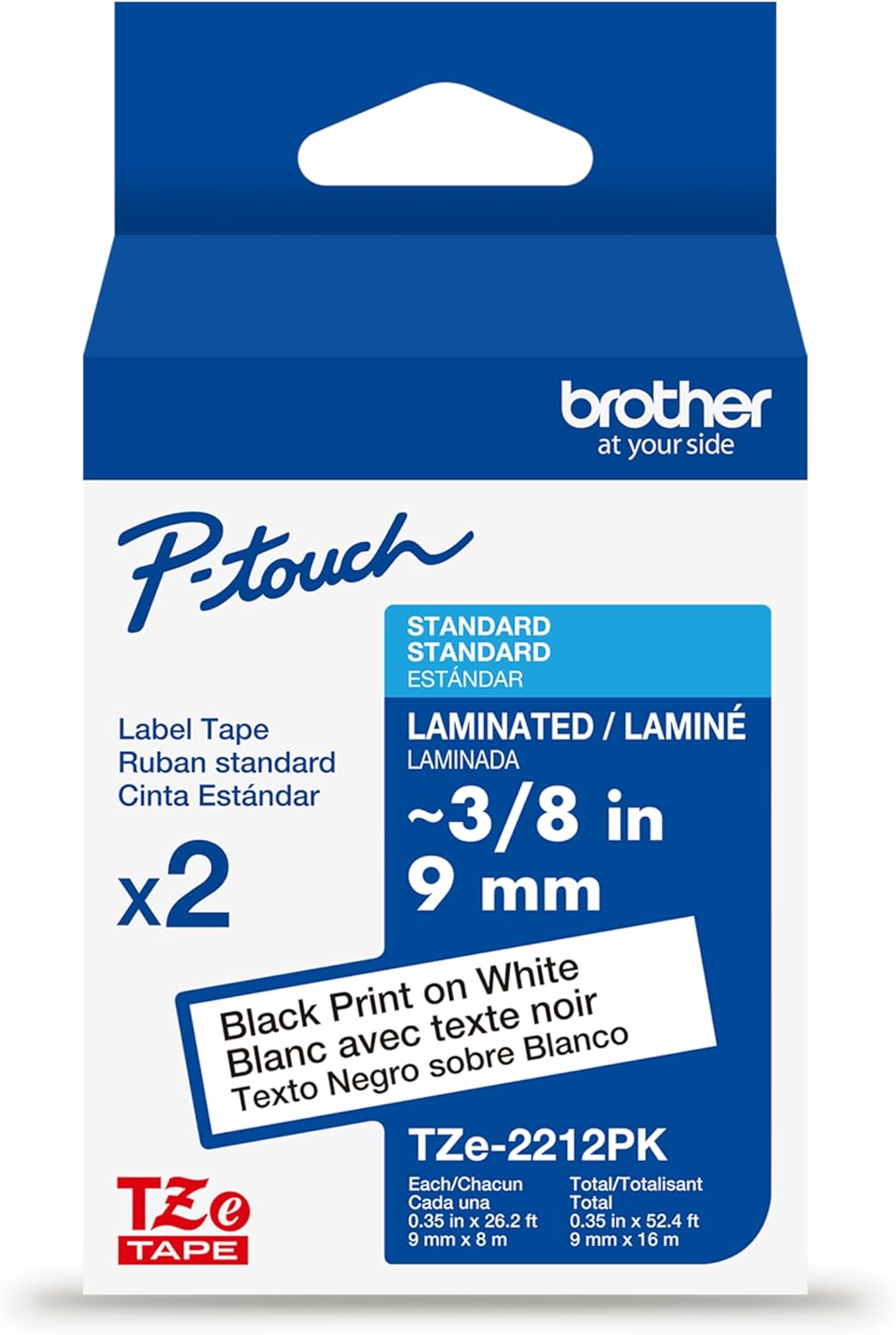Brother Genuine P-touch TZe 2-Pack Black Print on White Label Tapes (TZe2212PK), Laminated,3/8in x 26.2ft (9mm x 8m) each, for Select P-touch Label Makers, Durable, Water-Resistant, Indoor/Outdoor Use