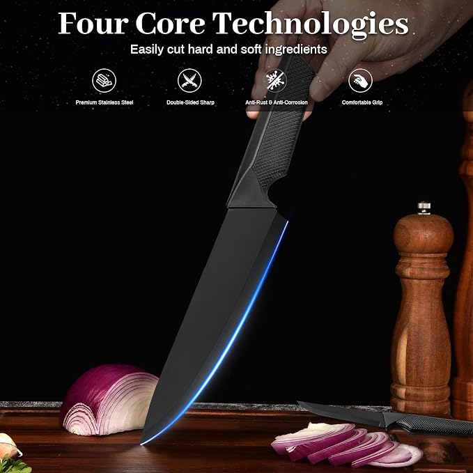 Kitchen Knife Set,18 Pieces Black Kitchen Utensils Set with Holder and Kitchen Professional Chef Knife Set for Cooking,Non-Stick Heat Resistan Silicone Utensils Set with Wooden Handle (Black) - Image 4